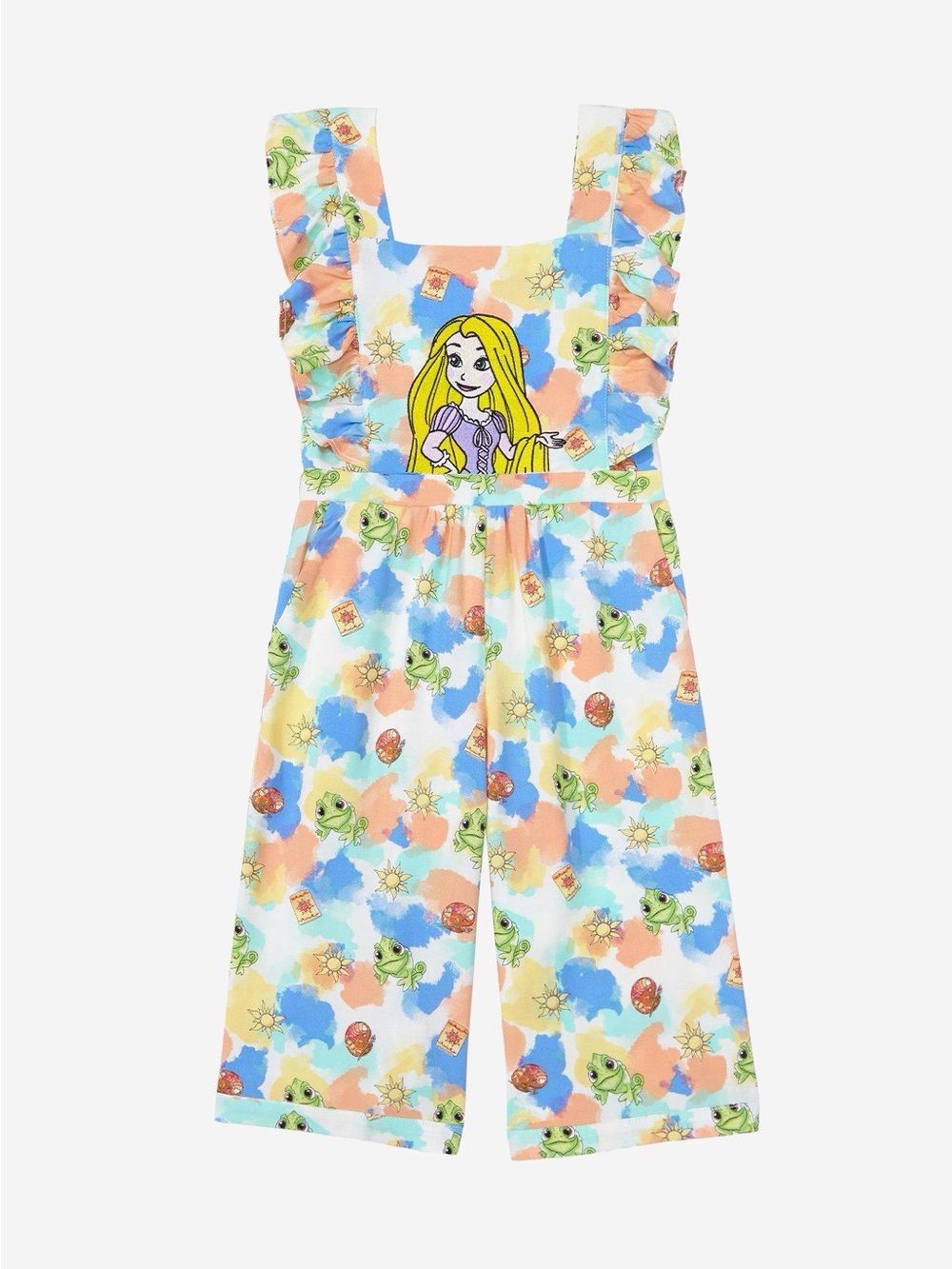 Disney Tangled Rapunzel Watercolor Allover Print Toddler Ruffle Romper - BoxLunc